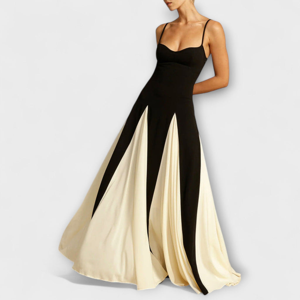 Ember - Elegancia clásica, vestido maxi de línea A con paneles de tul