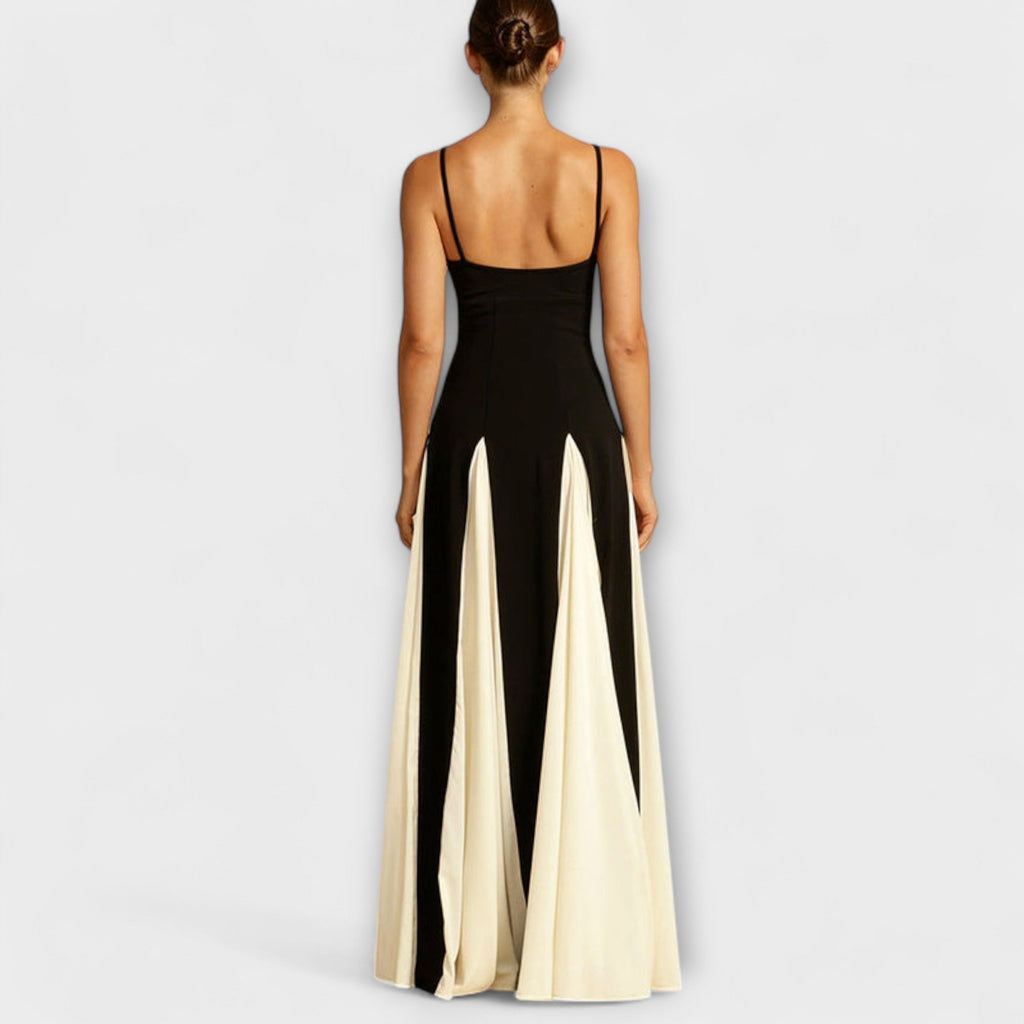Ember - Elegancia clásica, vestido maxi de línea A con paneles de tul