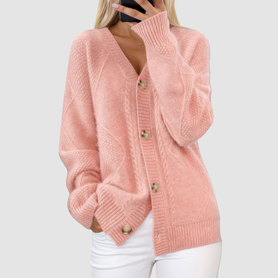 Cárdigan de punto premium con cuello de pico Meg™