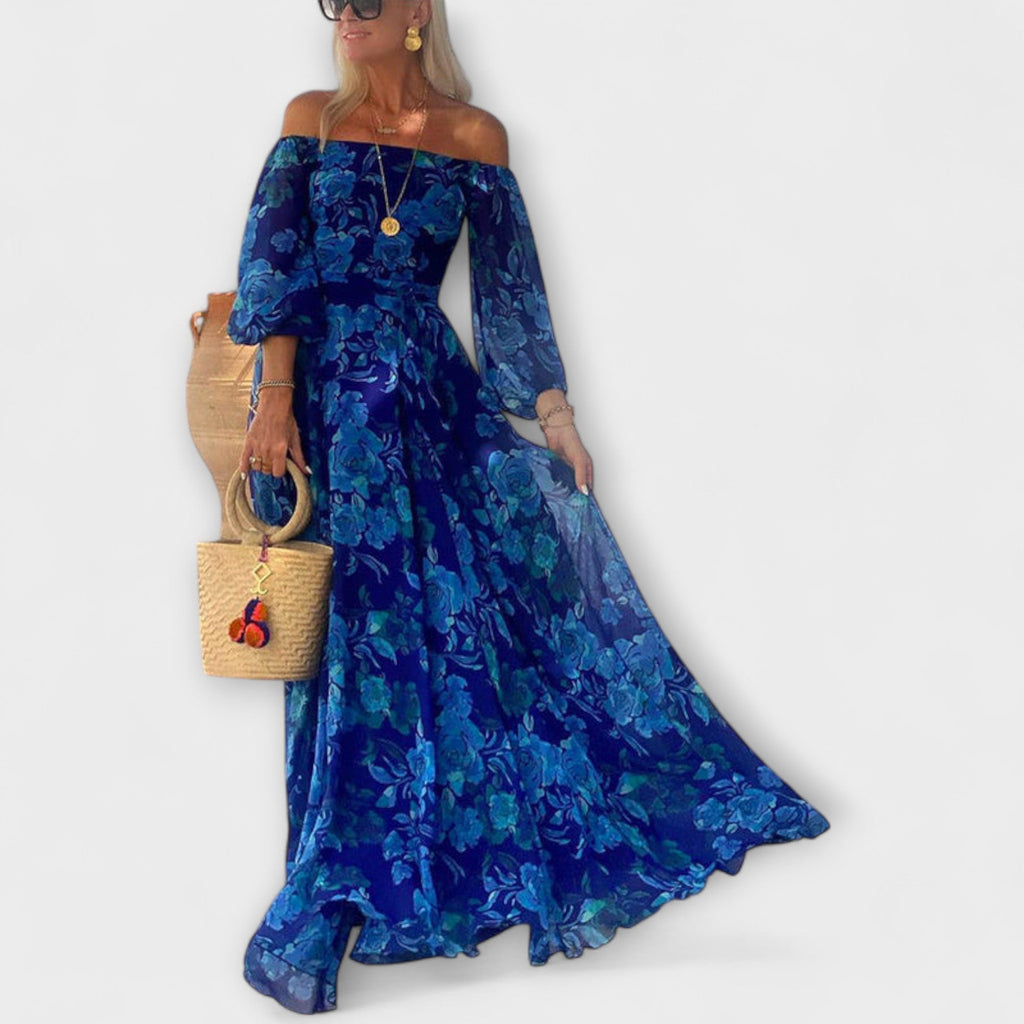 Juniper - Vestido maxi floral con hombros descubiertos y fruncido