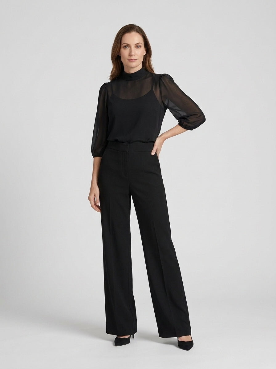 Conjunto negro blusa transparente y pantalón ancho