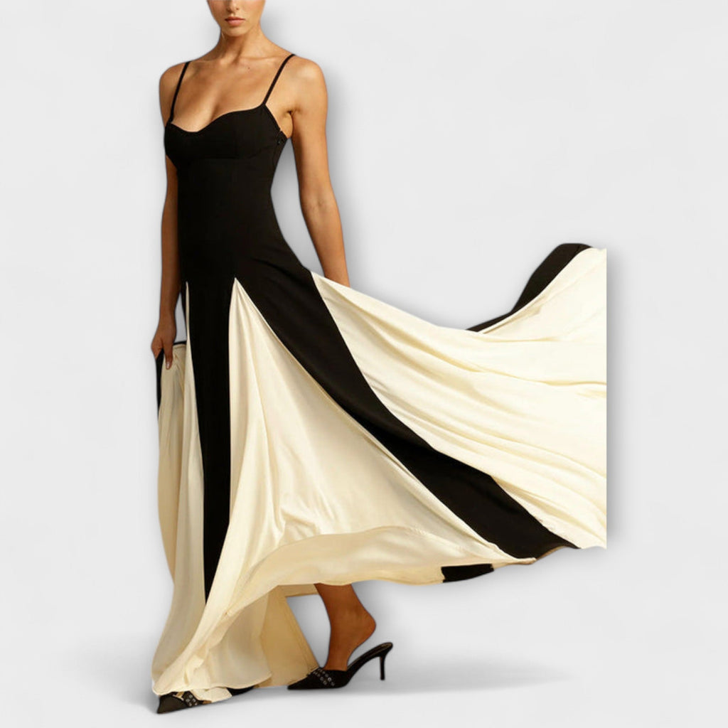 Ember - Elegancia clásica, vestido maxi de línea A con paneles de tul