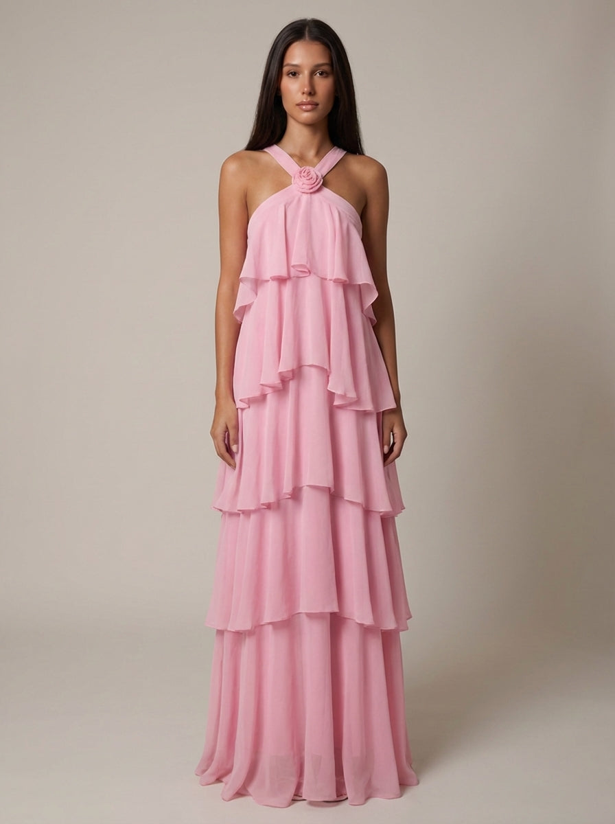 Vestido maxi con volantes florales