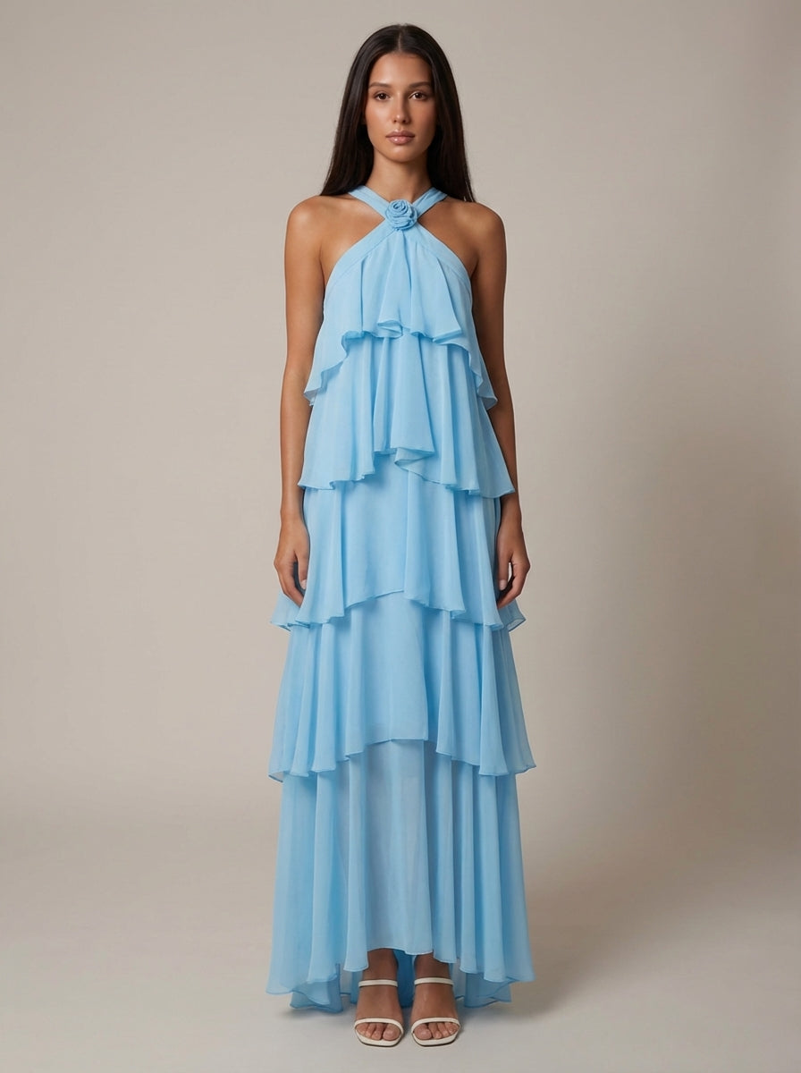 Vestido maxi con volantes florales