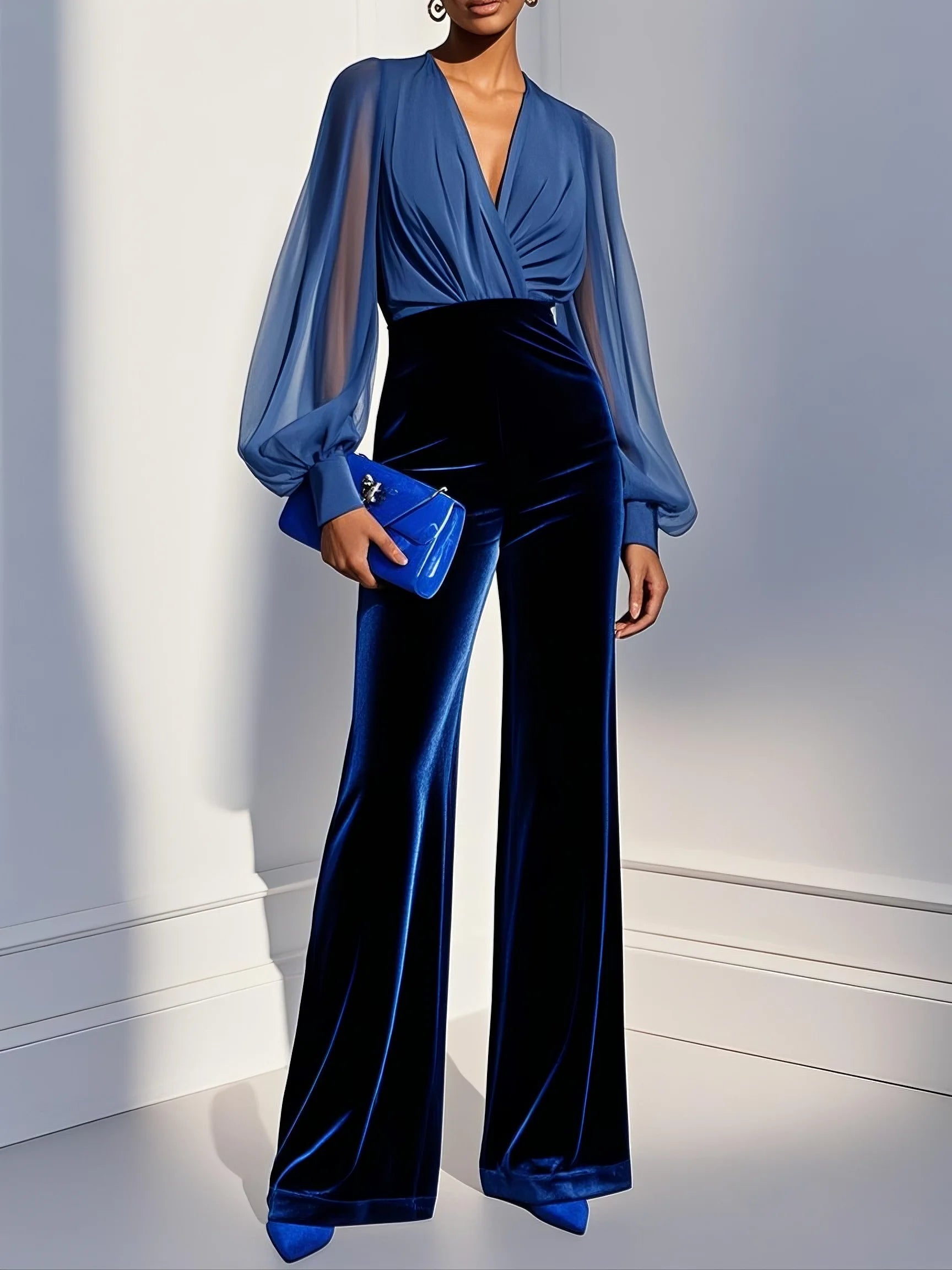 Mono de terciopelo azul con malla, escote en V y mangas largas.
