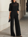 Conjunto de tres piezas: top de tirantes negro y transparente y pantalones de pierna ancha