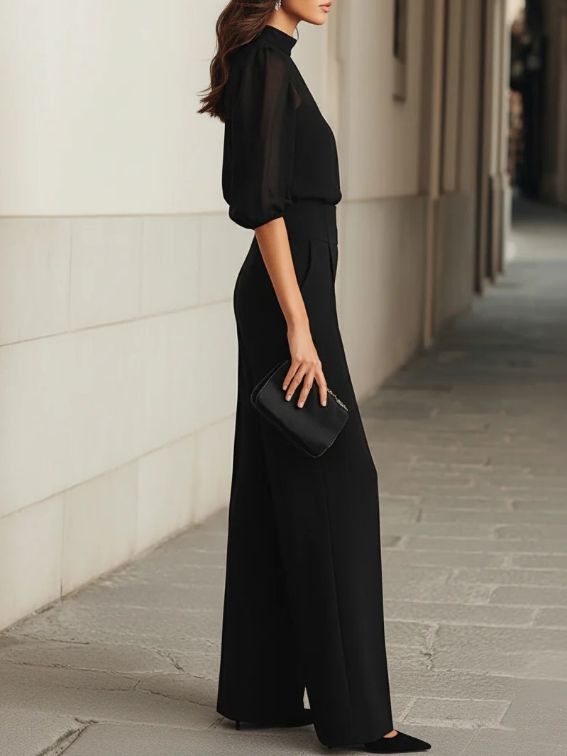 Conjunto de tres piezas: top de tirantes negro y transparente y pantalones de pierna ancha