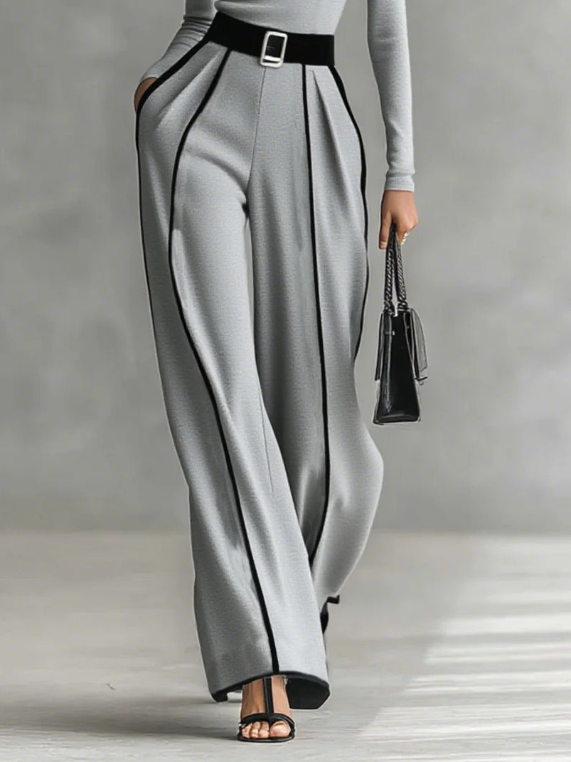 Conjunto de top de cuello alto de manga larga con ribete blanco y pantalón de pierna ancha con cinturón