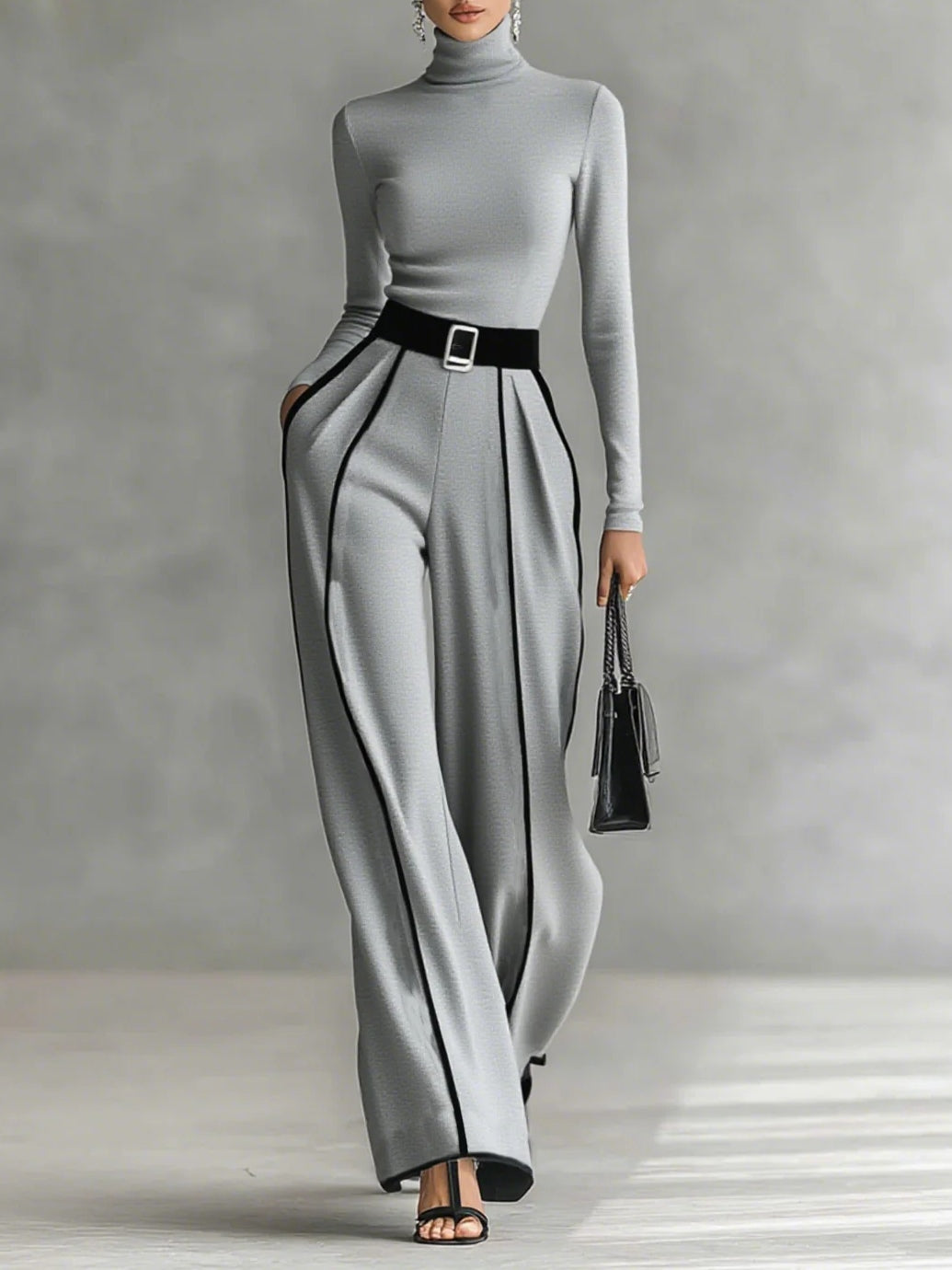 Conjunto de top de cuello alto de manga larga con ribete blanco y pantalón de pierna ancha con cinturón