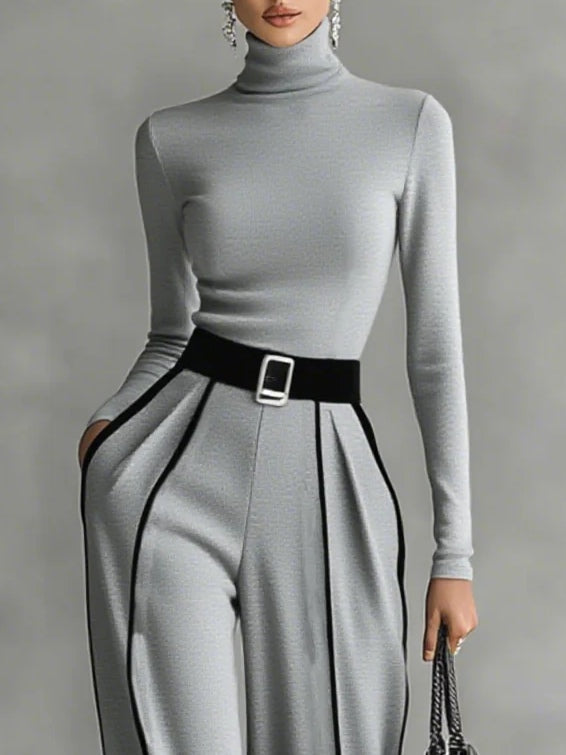 Conjunto de top de cuello alto de manga larga con ribete blanco y pantalón de pierna ancha con cinturón