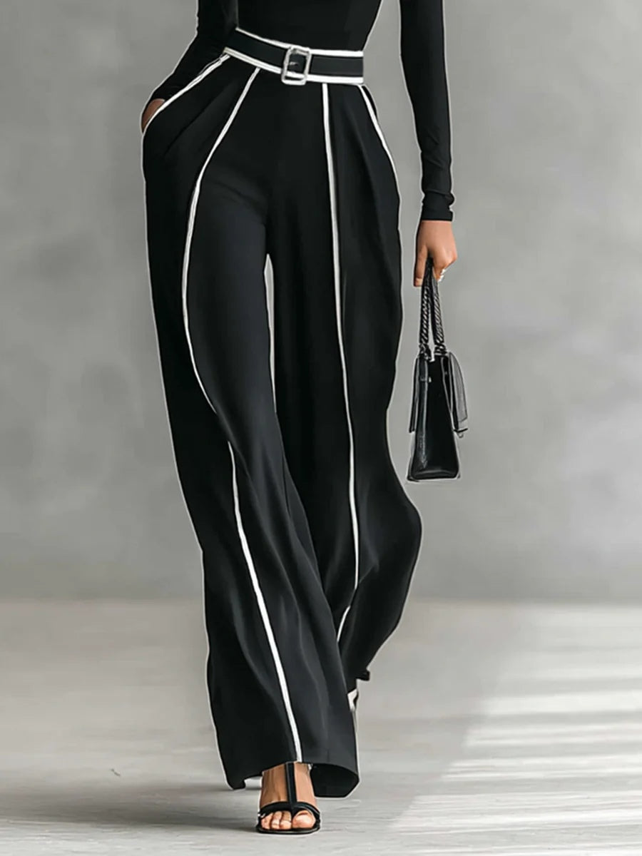 Conjunto de top de cuello alto de manga larga con ribete blanco y pantalón de pierna ancha con cinturón
