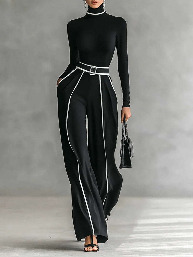 Conjunto de top de cuello alto de manga larga con ribete blanco y pantalón de pierna ancha con cinturón
