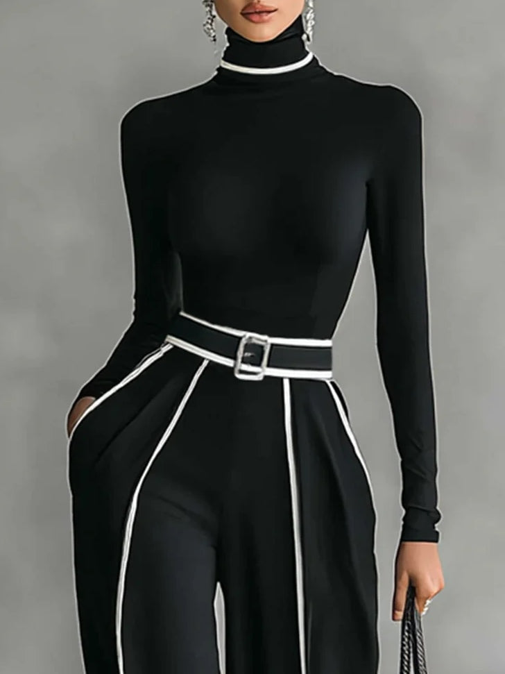 Conjunto de top de cuello alto de manga larga con ribete blanco y pantalón de pierna ancha con cinturón