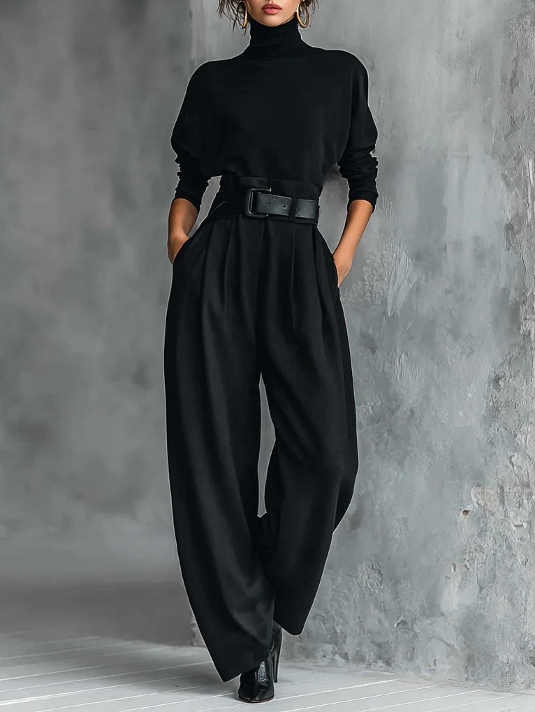 Conjunto negro de dos piezas: camiseta de cuello alto de manga larga y pantalones rectos (incluye cinturón)