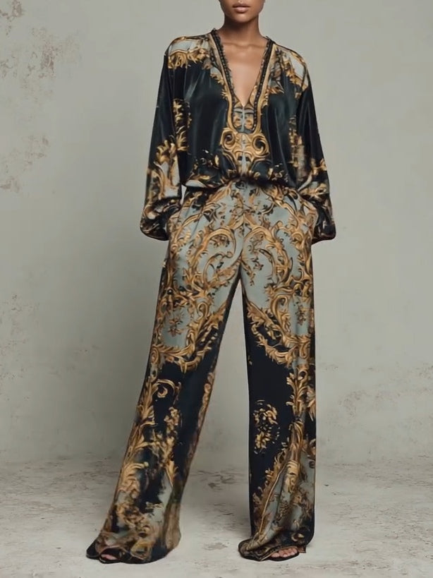 Blusa de estampado floral barroco y pantalones de pierna ancha, conjunto casual