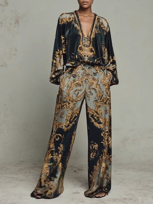 Blusa de estampado floral barroco y pantalones de pierna ancha, conjunto casual