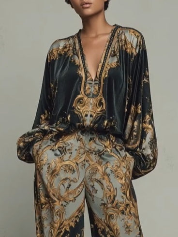 Blusa de estampado floral barroco y pantalones de pierna ancha, conjunto casual
