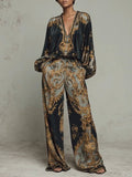 Blusa de estampado floral barroco y pantalones de pierna ancha, conjunto casual