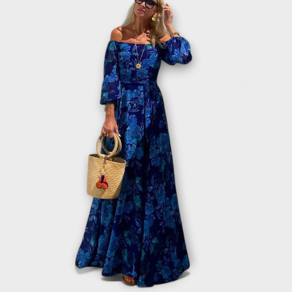 Juniper - Vestido maxi floral con hombros descubiertos y fruncido