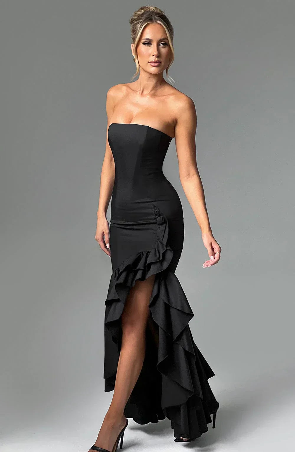 Xyrelle - Vestido maxi sin mangas con abertura lateral y volantes
