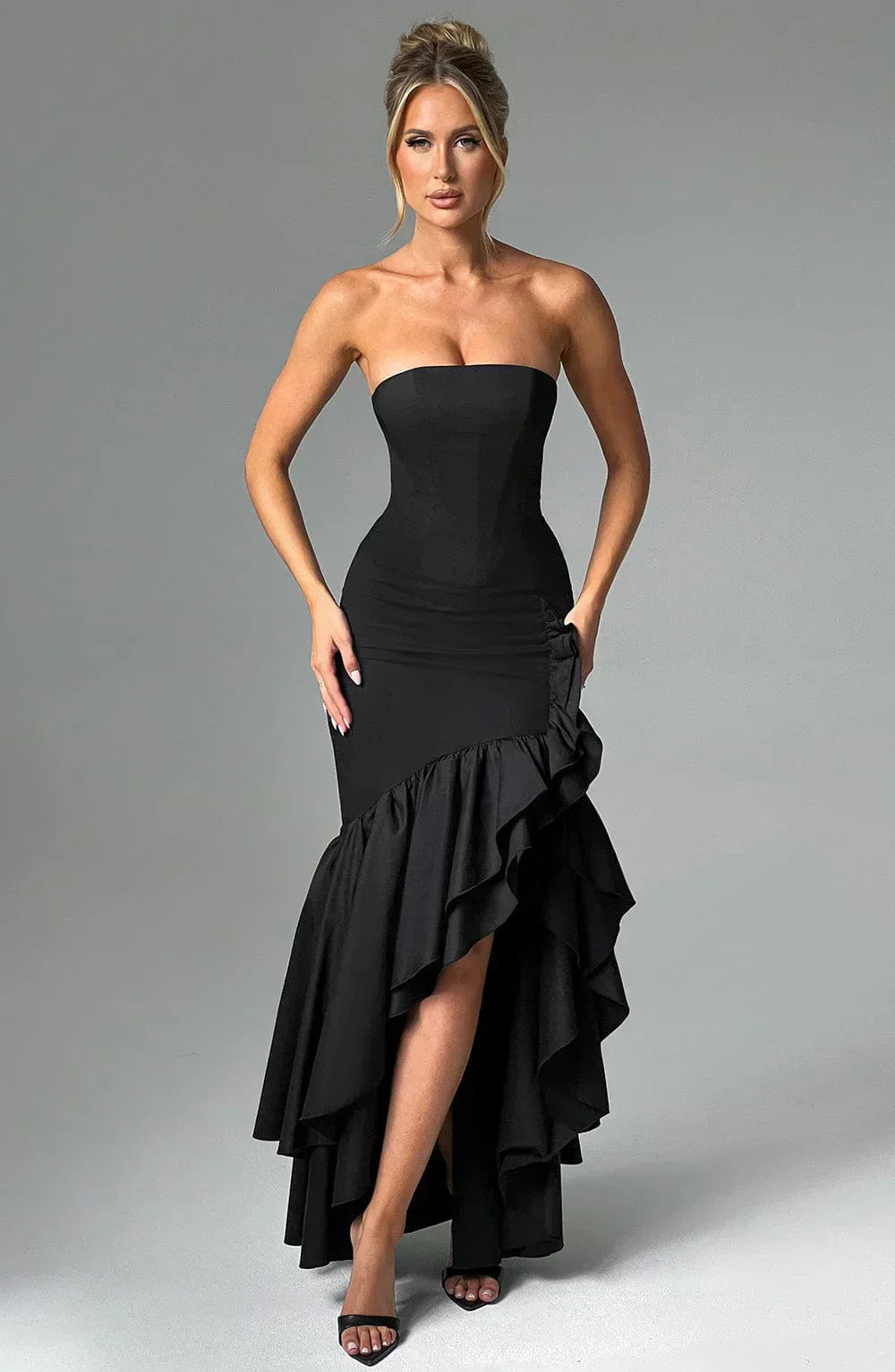 Xyrelle - Vestido maxi sin mangas con abertura lateral y volantes