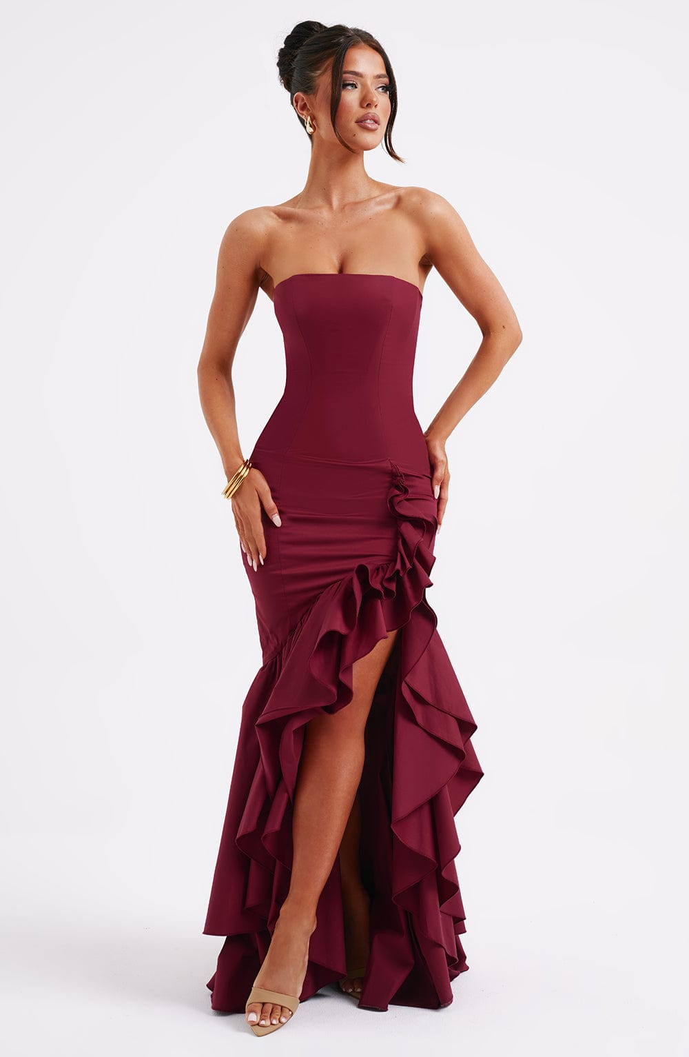 Xyrelle - Vestido maxi sin mangas con abertura lateral y volantes