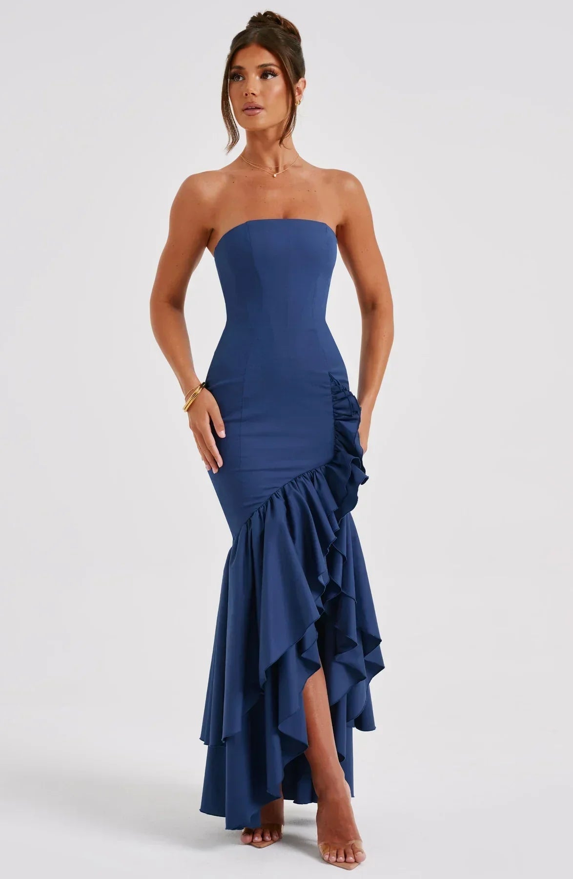 Xyrelle - Vestido maxi sin mangas con abertura lateral y volantes