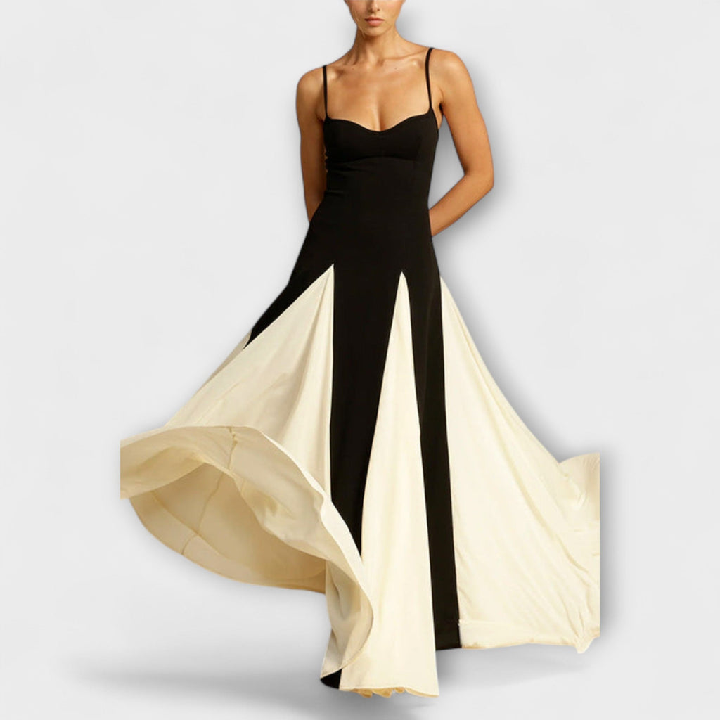 Ember - Elegancia clásica, vestido maxi de línea A con paneles de tul