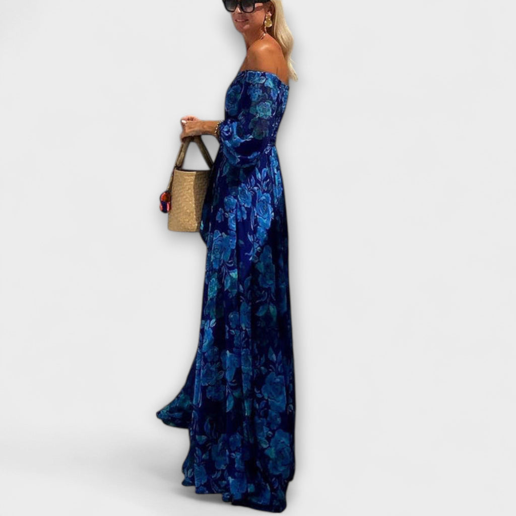 Juniper - Vestido maxi floral con hombros descubiertos y fruncido