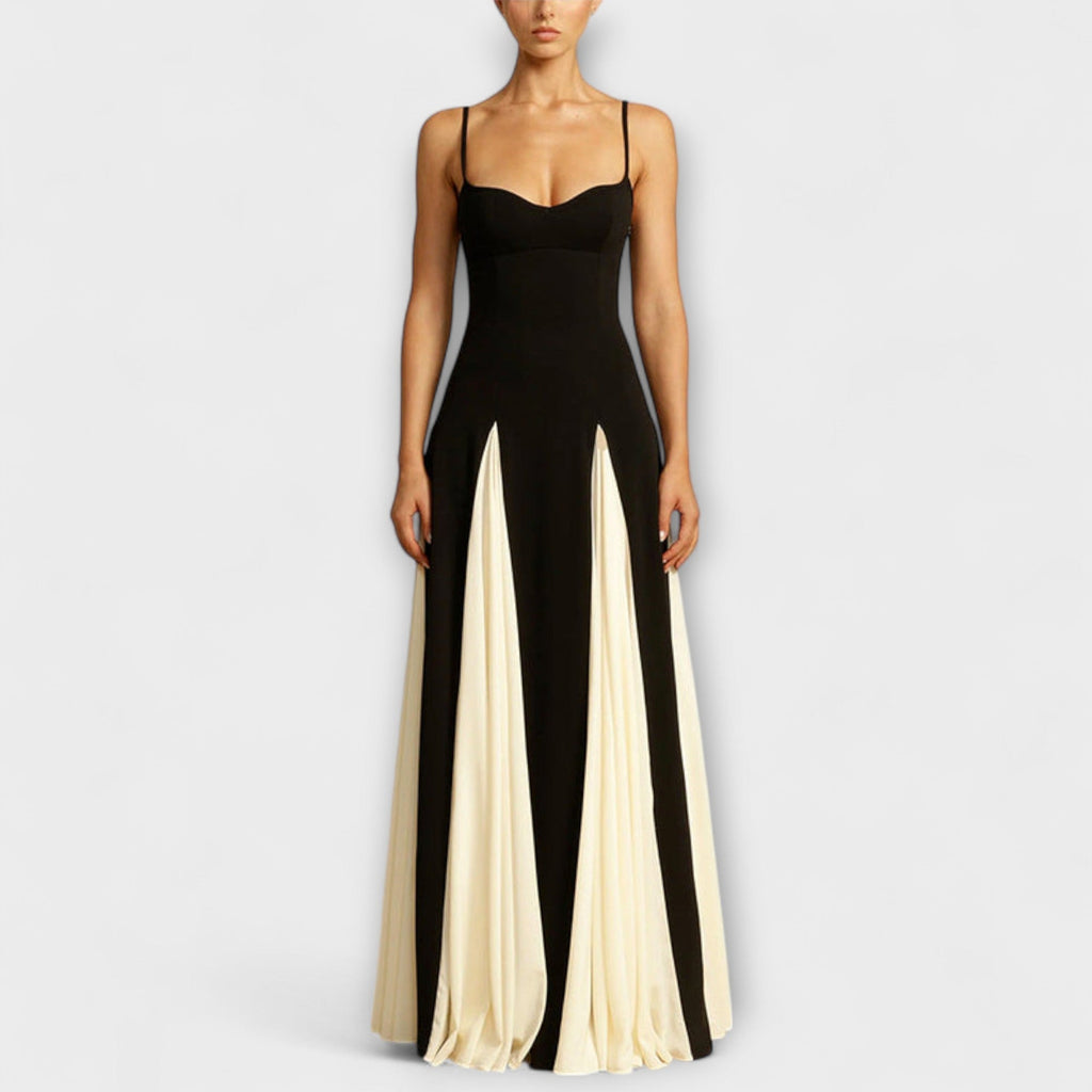 Ember - Elegancia clásica, vestido maxi de línea A con paneles de tul