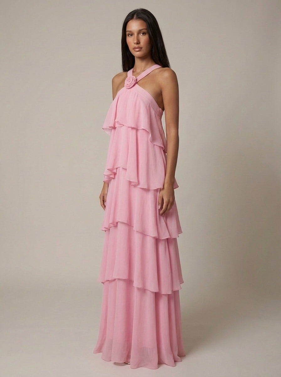 Vestido maxi con volantes florales