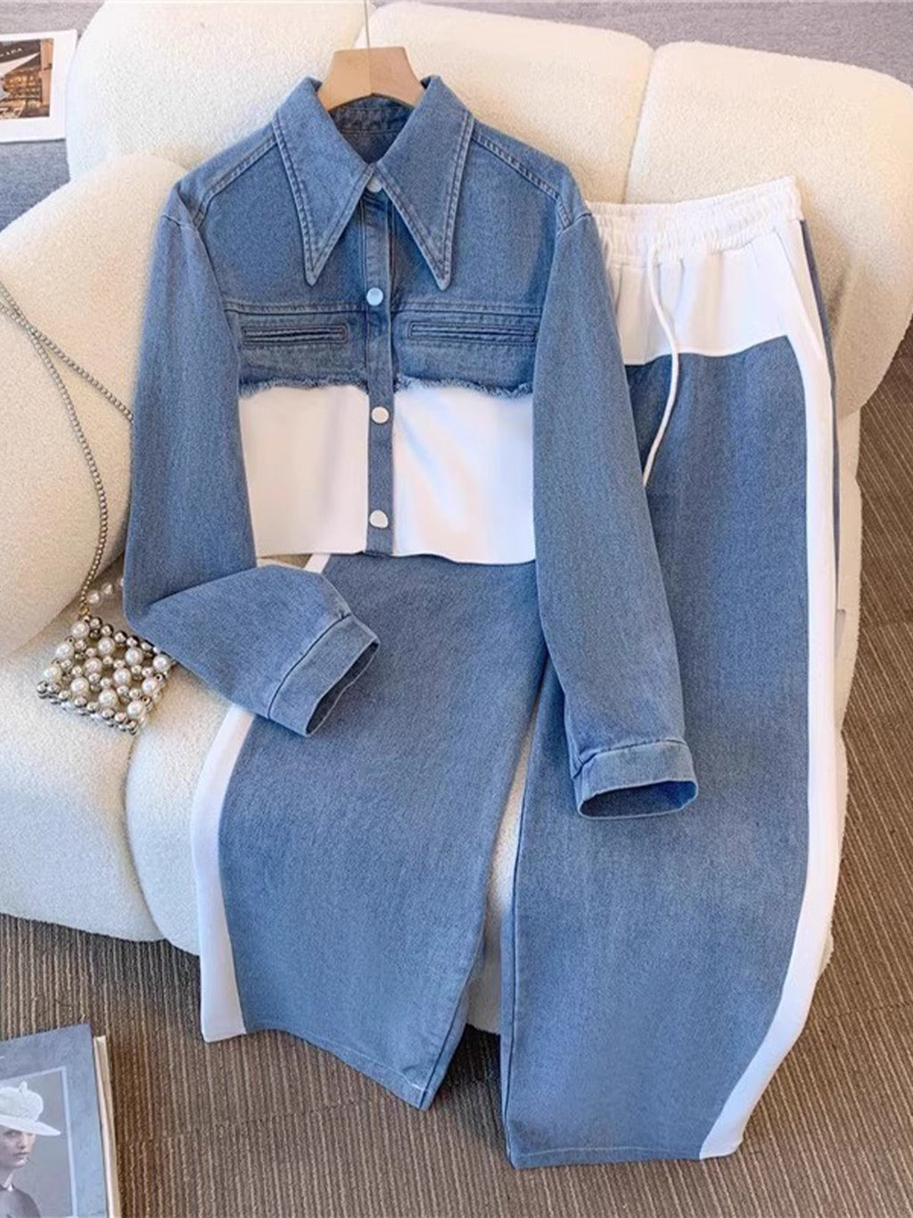 Danielle | Conjunto de chaqueta corta color block y pantalón de pierna ancha