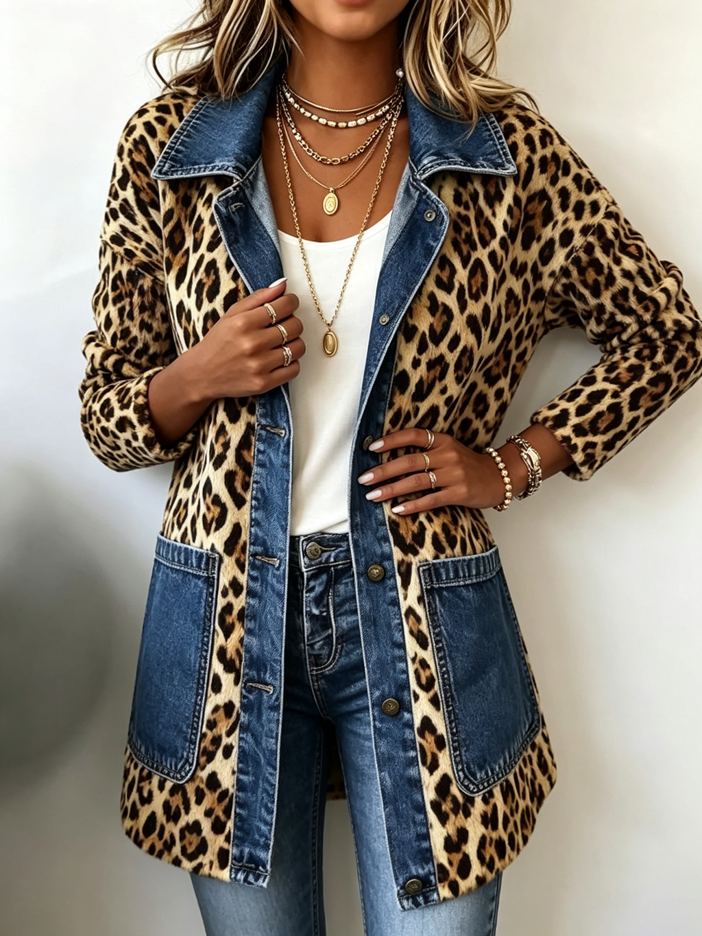 Madeleine | Chaqueta larga de contraste con panel de denim y estampado de leopardo