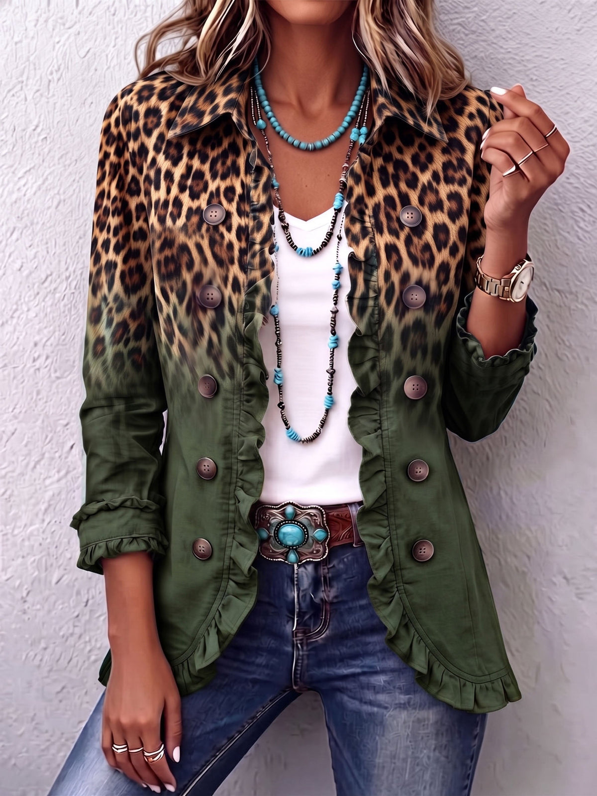 Dominique | Chaqueta blazer con estampado de leopardo degradado y volantes