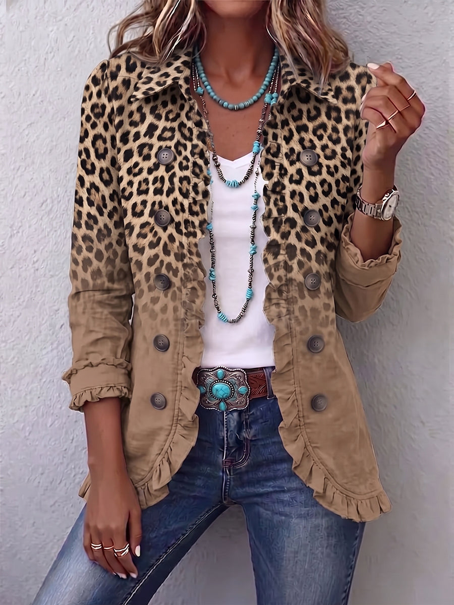 Corinne | Chaqueta vintage con estampado de leopardo degradado y volantes