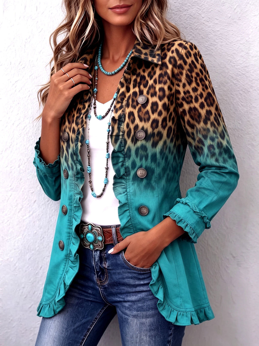 Dominique | Chaqueta blazer con estampado de leopardo degradado y volantes