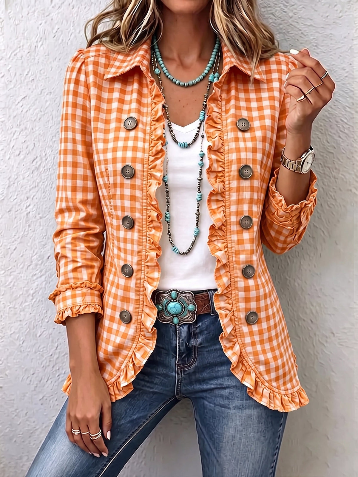 Claudia | Chaqueta plisada de cuadros vichy con botones