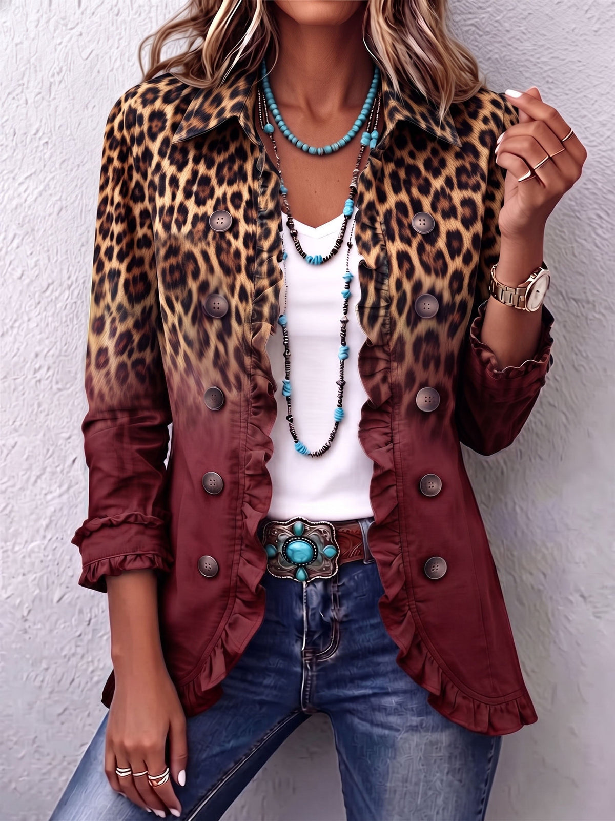 Dominique | Chaqueta blazer con estampado de leopardo degradado y volantes