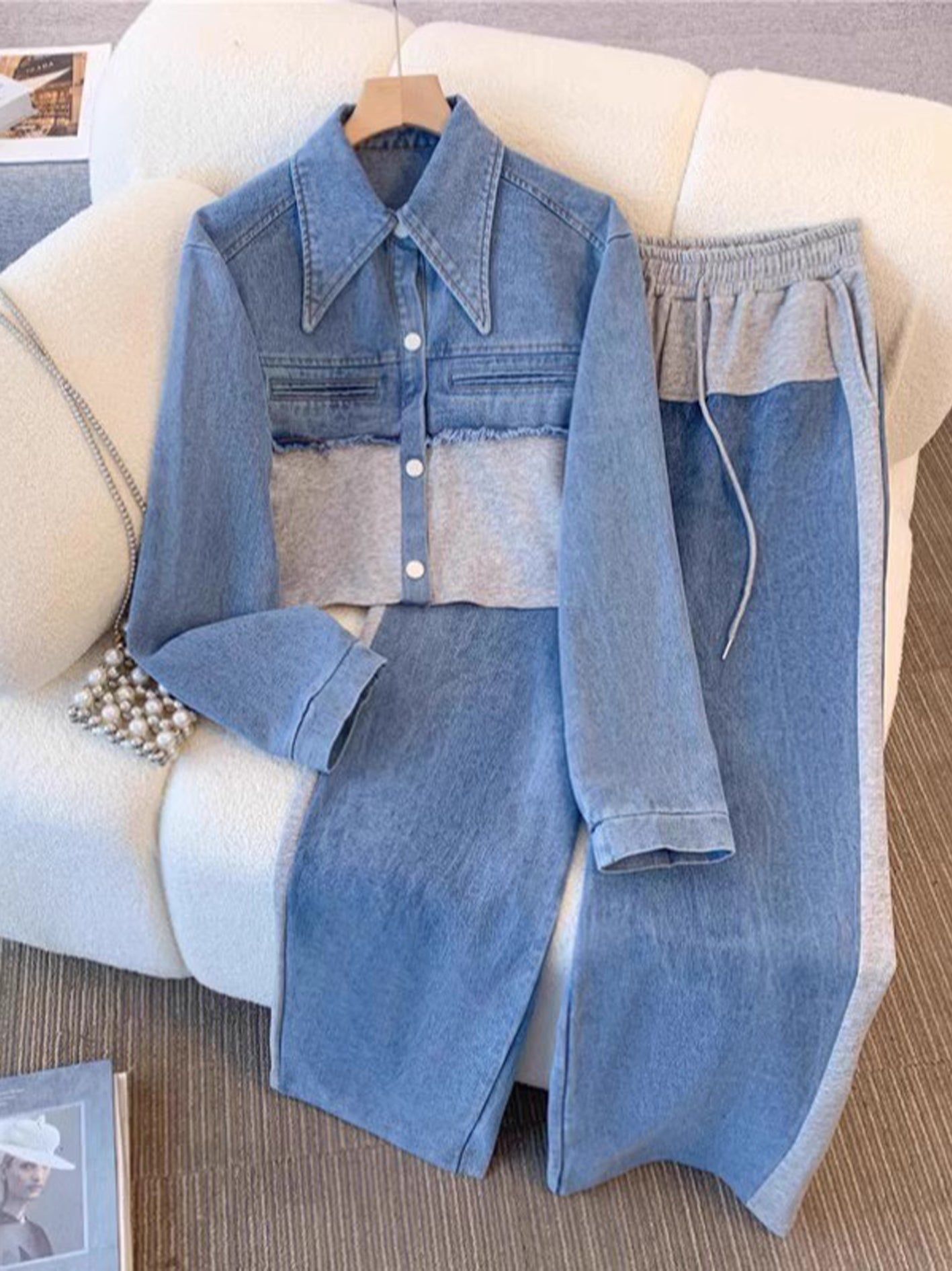 Danielle | Conjunto de chaqueta corta color block y pantalón de pierna ancha