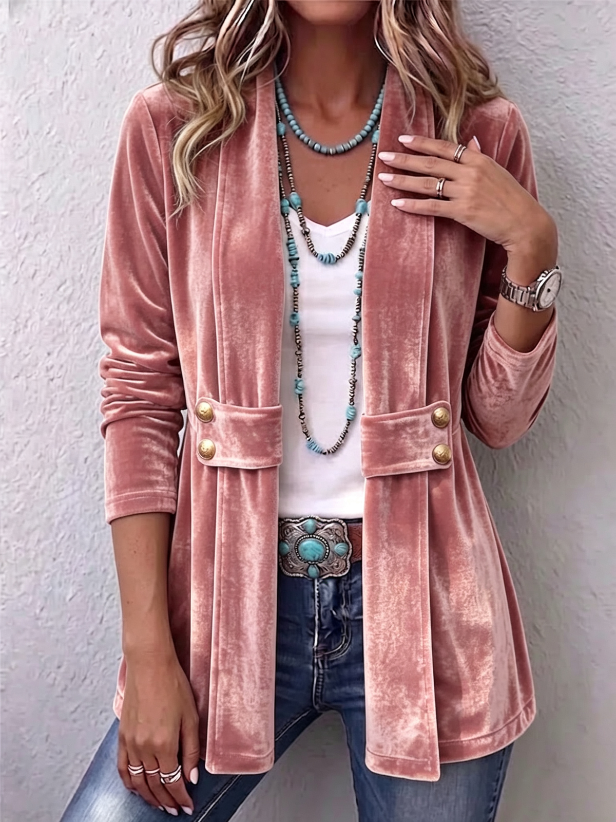 Renée | Chaqueta abierta vintage de manga larga con solapas y detalle de botones