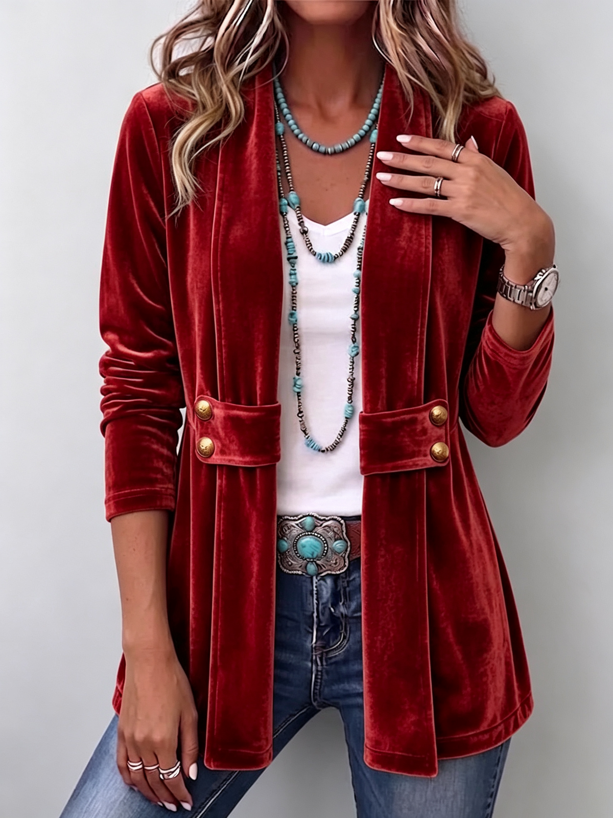 Renée | Chaqueta abierta vintage de manga larga con solapas y detalle de botones