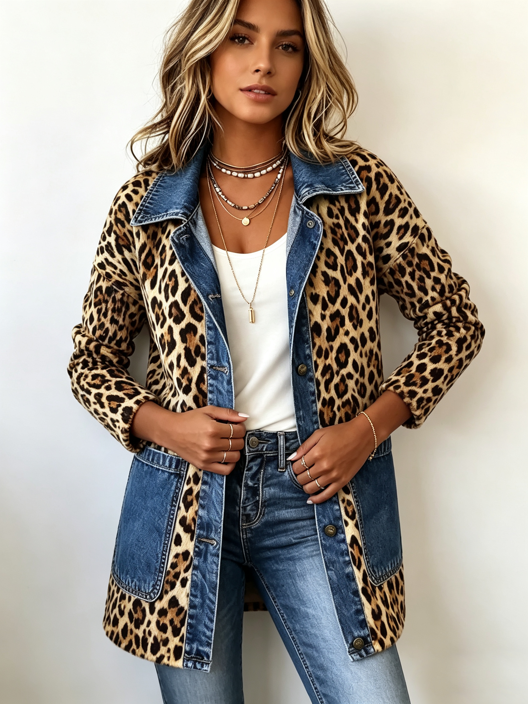 Madeleine | Chaqueta larga de contraste con panel de denim y estampado de leopardo