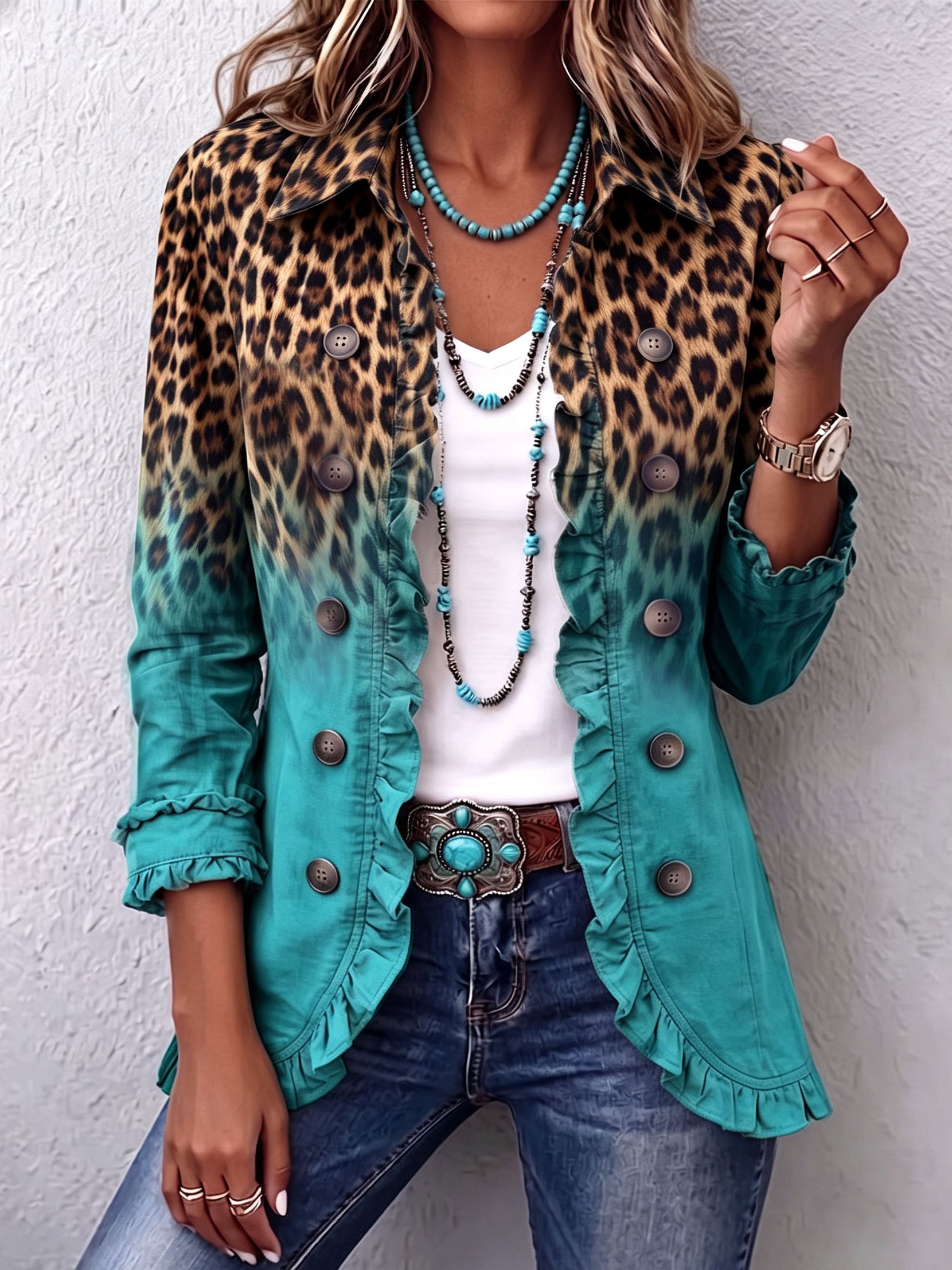 Dominique | Chaqueta blazer con estampado de leopardo degradado y volantes