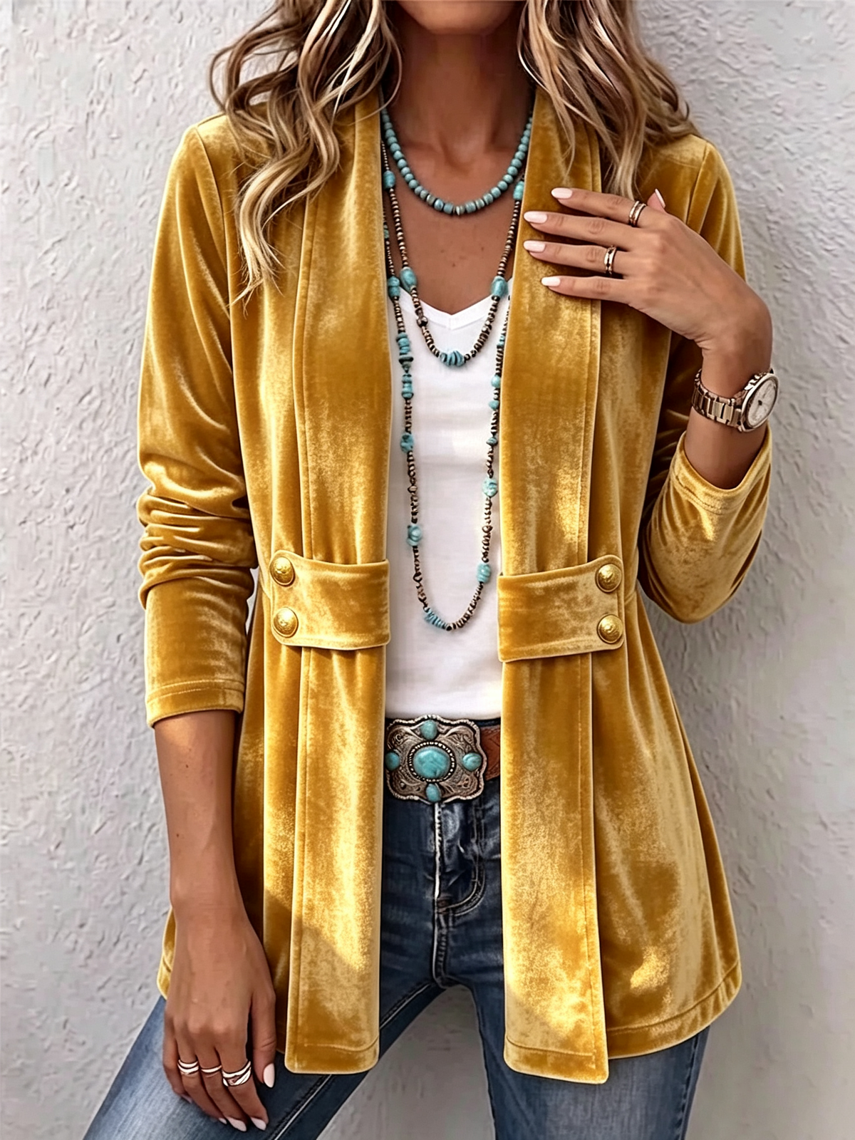 Renée | Chaqueta abierta vintage de manga larga con solapas y detalle de botones