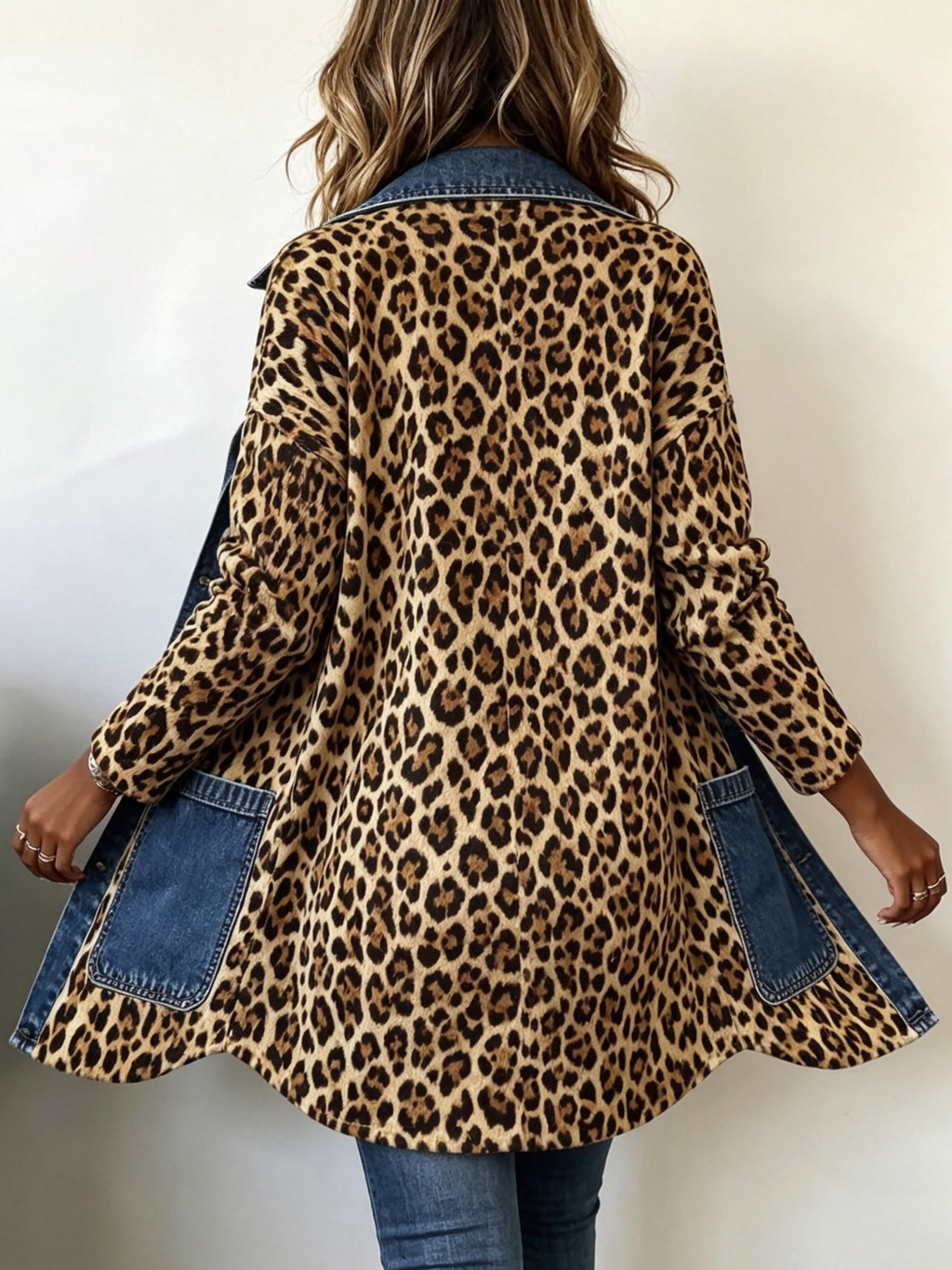 Madeleine | Chaqueta larga de contraste con panel de denim y estampado de leopardo