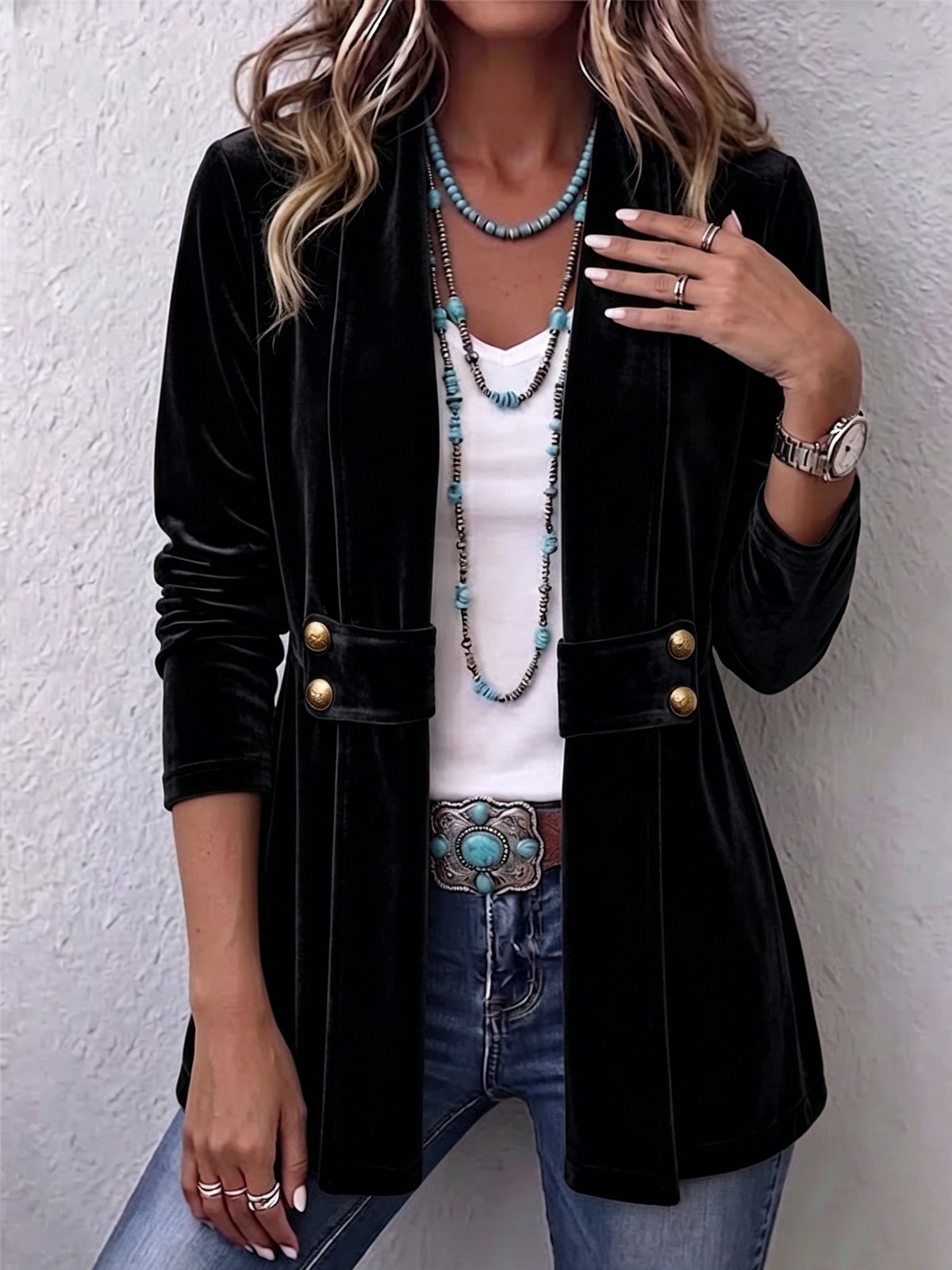 Renée | Chaqueta abierta vintage de manga larga con solapas y detalle de botones