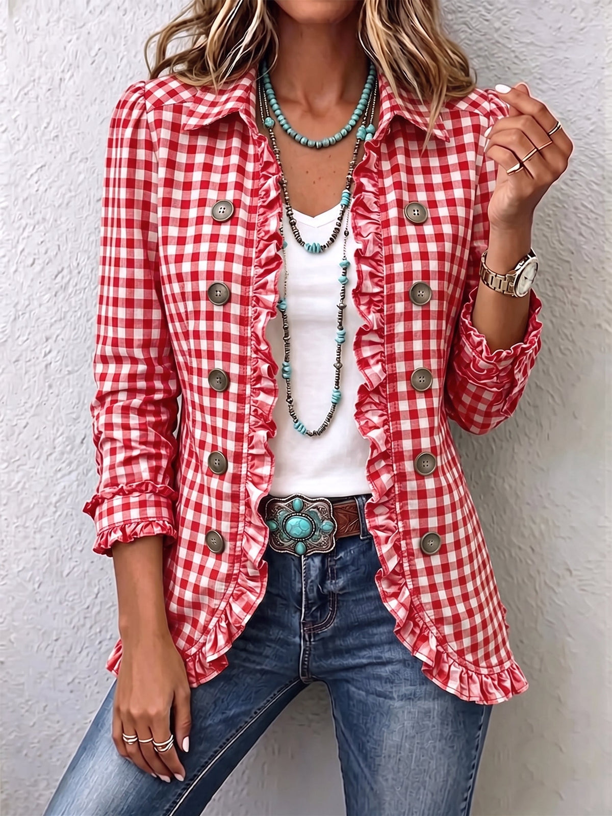 Claudia | Chaqueta plisada de cuadros vichy con botones
