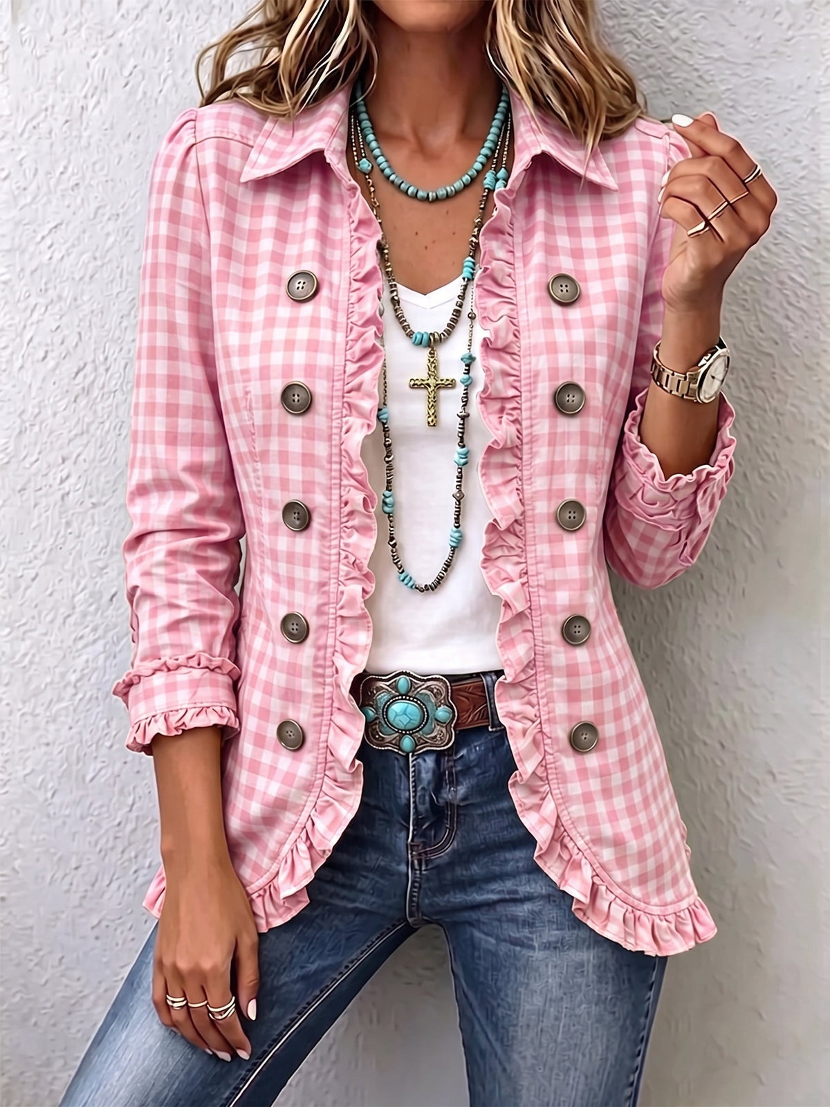 Claudia | Chaqueta plisada de cuadros vichy con botones