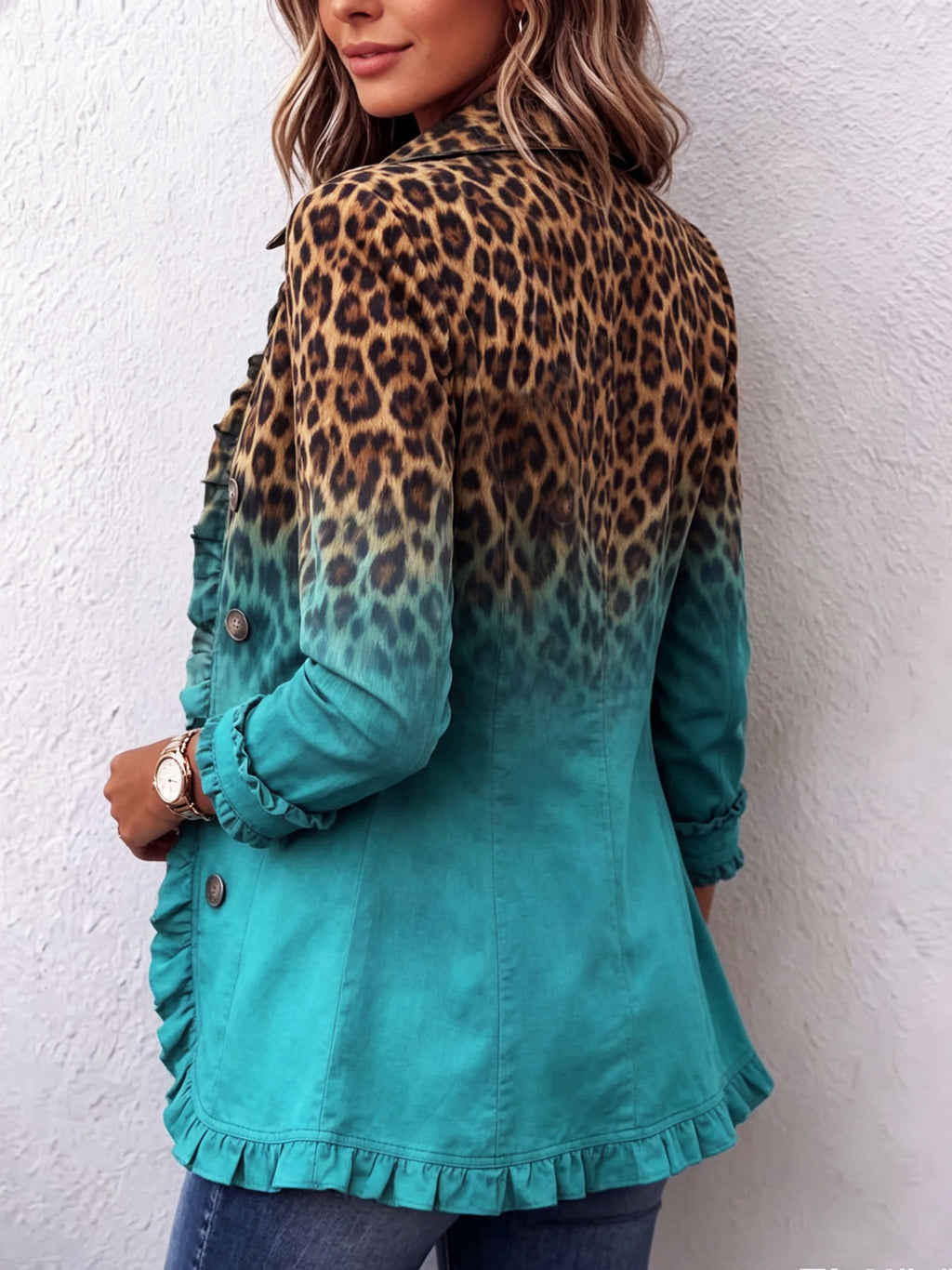 Dominique | Chaqueta blazer con estampado de leopardo degradado y volantes