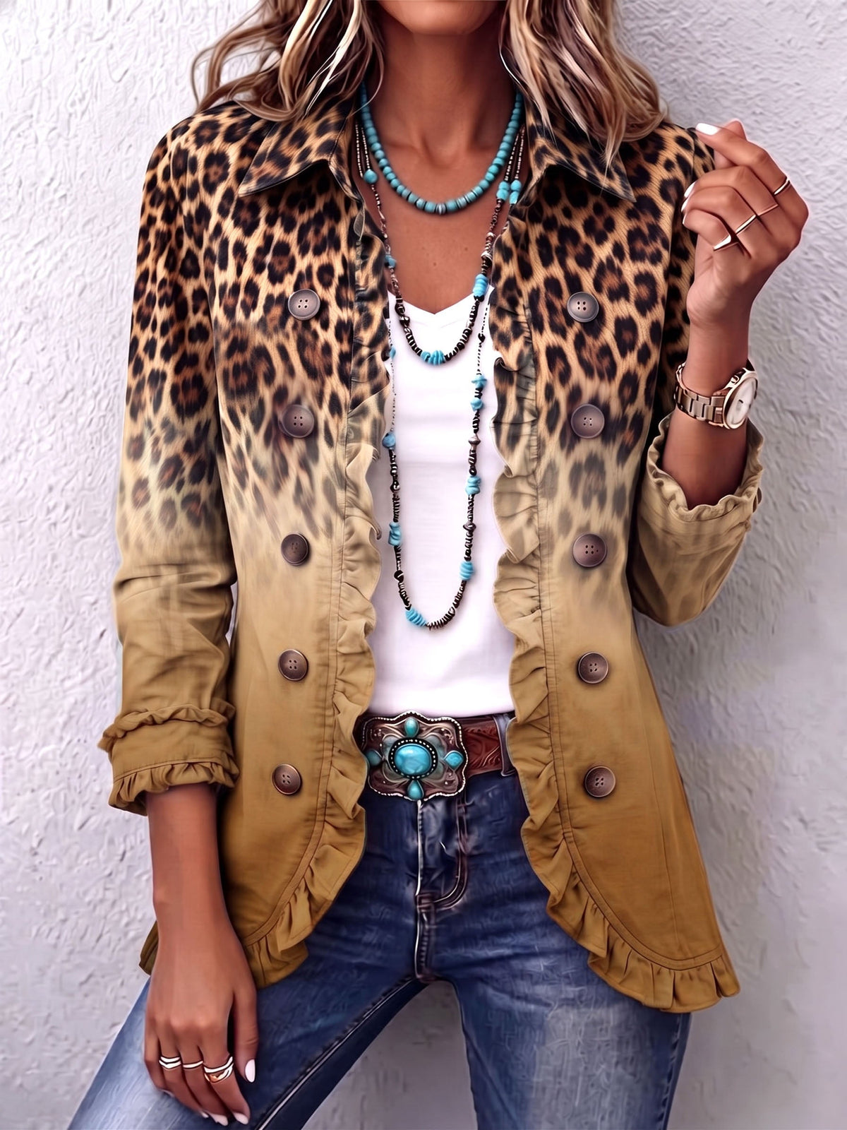 Dominique | Chaqueta blazer con estampado de leopardo degradado y volantes